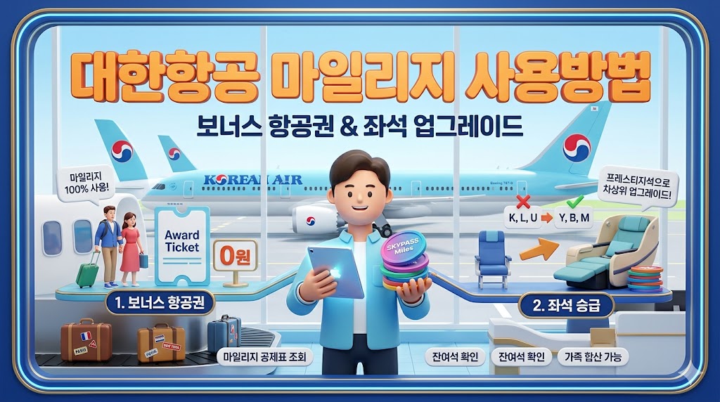 대한항공 마일리지 사용방법 보너스 항공권 업그레이드